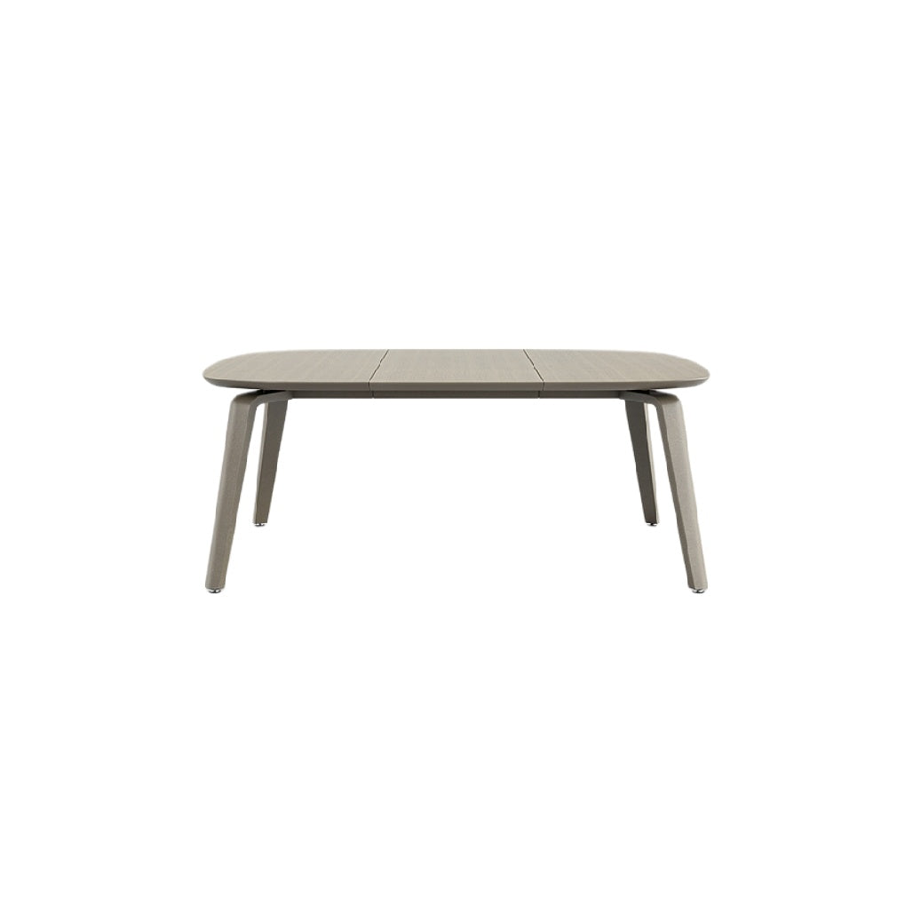 Moderne uitschuifbare eettafel in grijs hout.