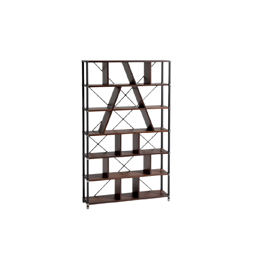Moderne boekenplank in donker hout met metalen frame