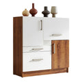 Moderne kast met witte en houtlook deuren, decoratieve vazen.